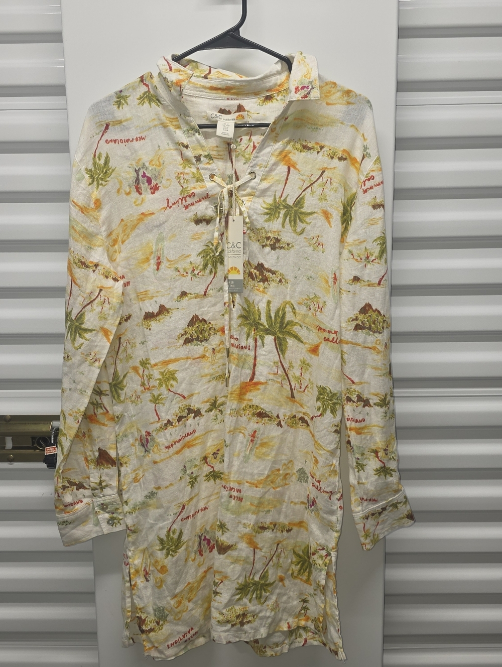 C&C California Palm-Print Tunic Top Long Sleeve Swim Cover Up Beachwear Women M